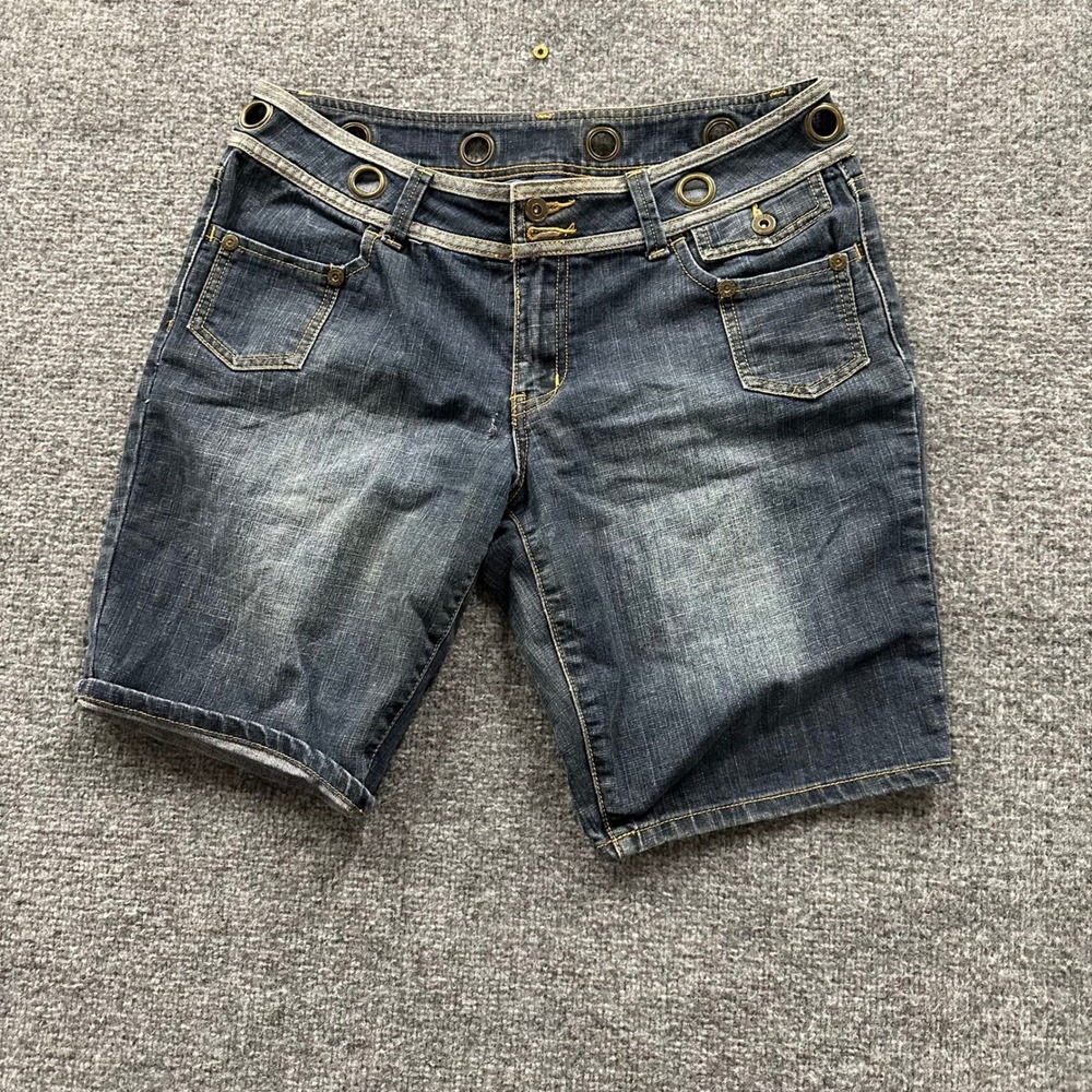 Baccini Denim Shorts Womens Size 10 Blue Grommet Waist Studded Y2K Stretch